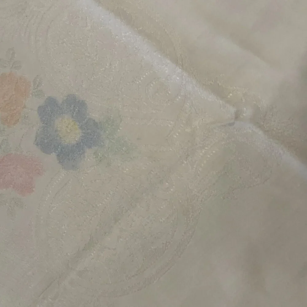 Vintage White Damask w/ Pink Blue Peach Green Floral Tablecloth 51”x47” Cottage
